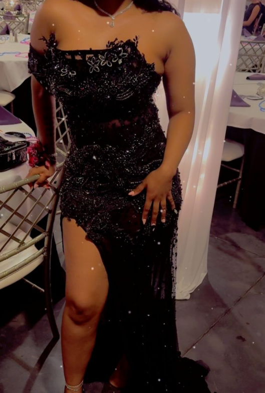 Sexy Off-Shoulder Sheath Tulle Appliqued Long Prom Dresses With Slit, Black Evening Dresses ED04387