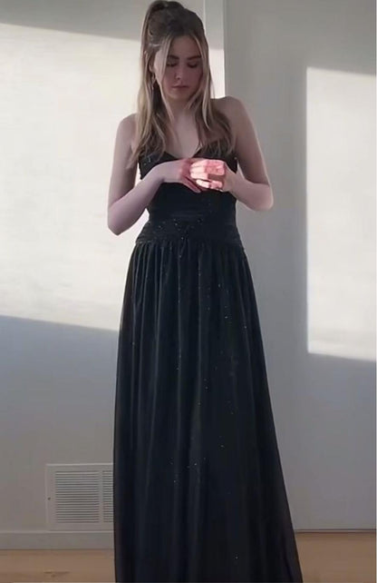 Fashion Spaghetti Strap Sheath Chiffon Prom Dresses, Black Formal Dresses ED04390