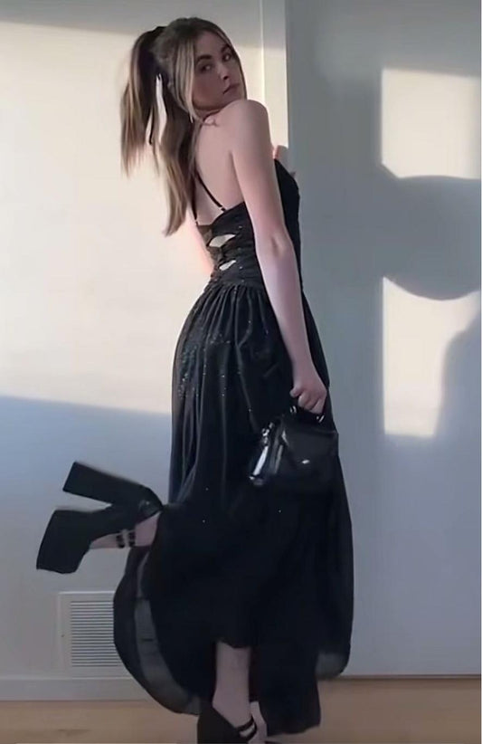 Fashion Spaghetti Strap Sheath Chiffon Prom Dresses, Black Formal Dresses ED04390