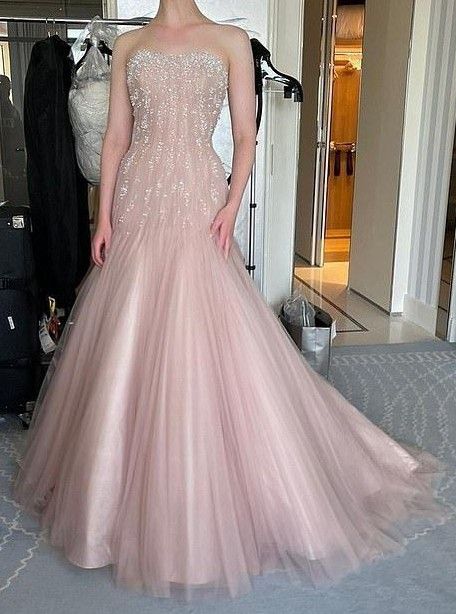 Gorgeous Strapless Mermaid Tulle Prom Dresses Blush Pink Long Evening Dresses ED04393