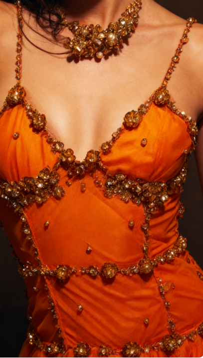 Vintage Spaghetti Straps Sheath Beaded Tulle Prom Dresses Orange Long Evening Dresses ED04394