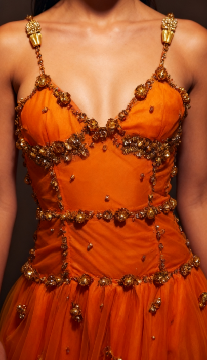 Vintage Spaghetti Straps Sheath Beaded Tulle Prom Dresses Orange Long Evening Dresses ED04394