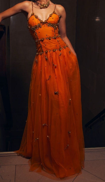 Vintage Spaghetti Straps Sheath Beaded Tulle Prom Dresses Orange Long Evening Dresses ED04394