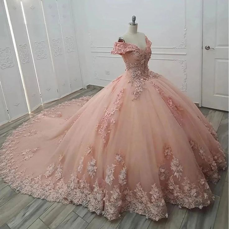Cute Off-the-shoulder Ball Gown Tulle Applique Long Prom Dresses Quinceanera Dresses Pink Sweet 16 Dresss ED04396