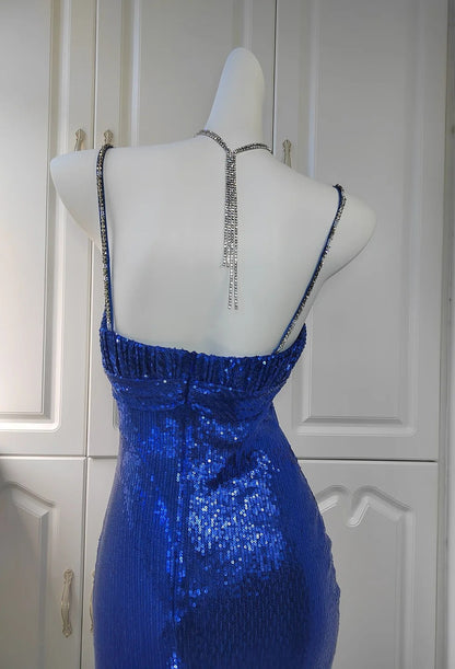 Elegant Spaghetti Strap Sheath Sequin Long Prom Dresses Blue Formal Evening Dresses ED04398