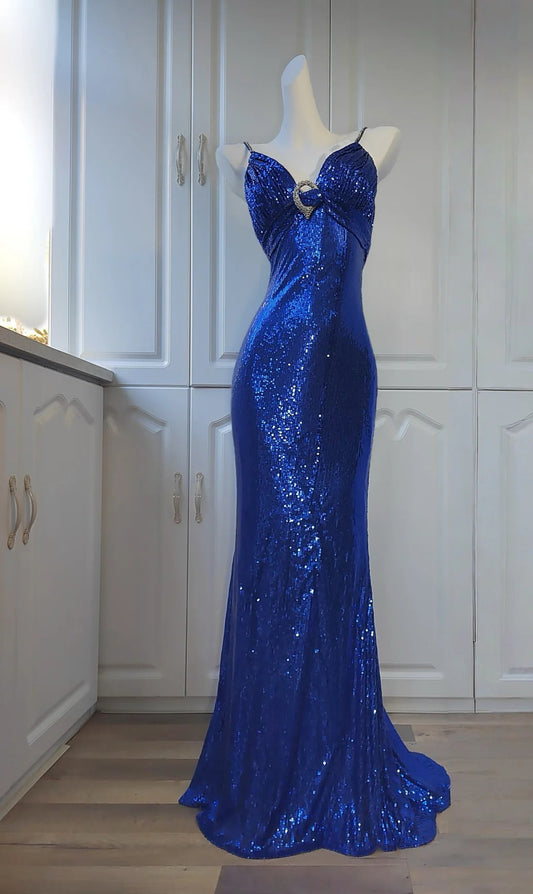 Elegant Spaghetti Strap Sheath Sequin Long Prom Dresses Blue Formal Evening Dresses ED04398