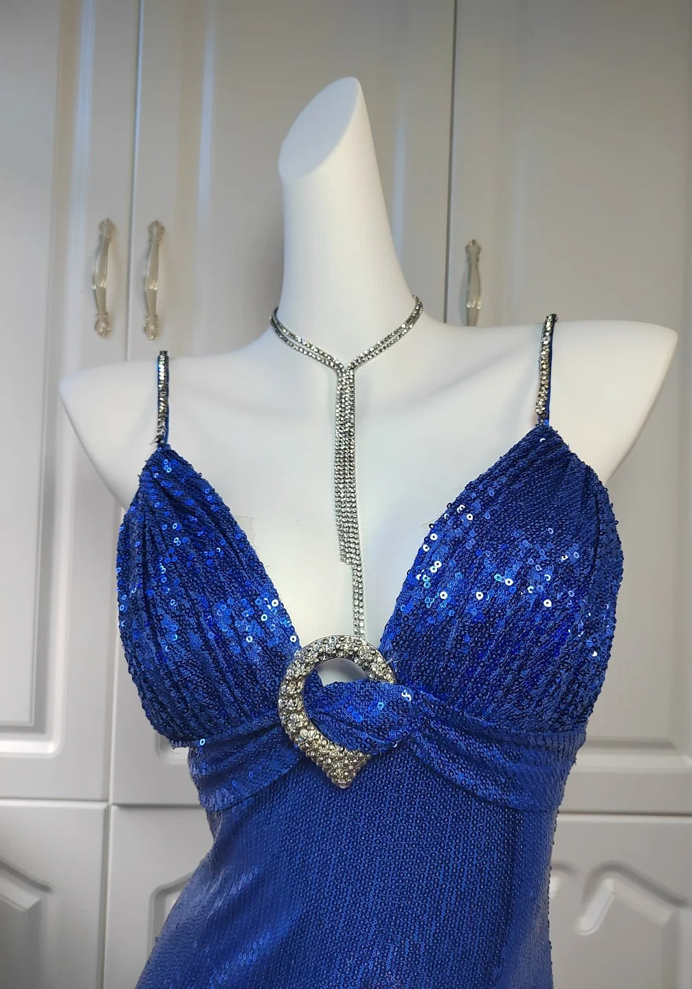 Elegant Spaghetti Strap Sheath Sequin Long Prom Dresses Blue Formal Evening Dresses ED04398