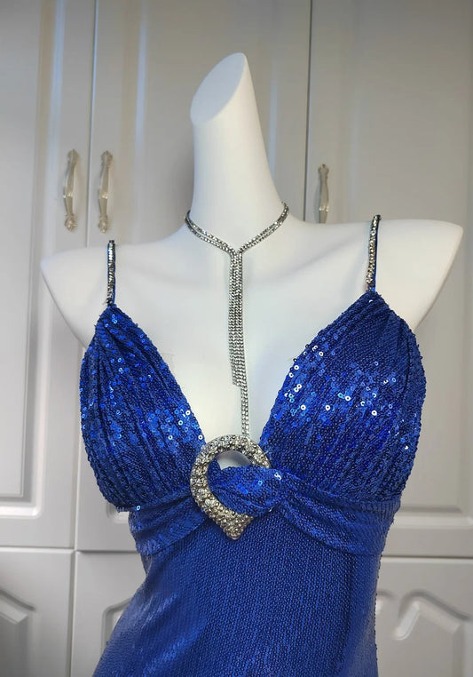 Elegant Spaghetti Strap Sheath Sequin Long Prom Dresses Blue Formal Evening Dresses ED04398