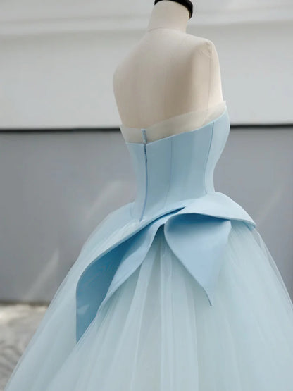 A-Linie Satin Tüll Blau Langes Ballkleid, Blau Langes Abendkleid ED044