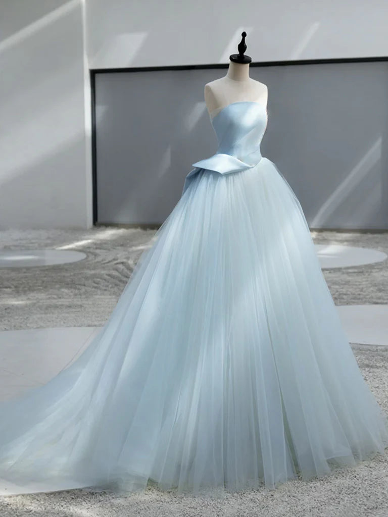 A-Linie Satin Tüll Blau Langes Ballkleid, Blau Langes Abendkleid ED044