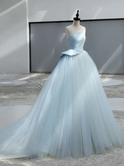 A-Linie Satin Tüll Blau Langes Ballkleid, Blau Langes Abendkleid ED044