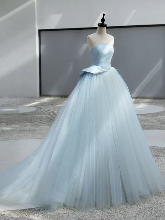 A-Linie Satin Tüll Blau Langes Ballkleid, Blau Langes Abendkleid ED044