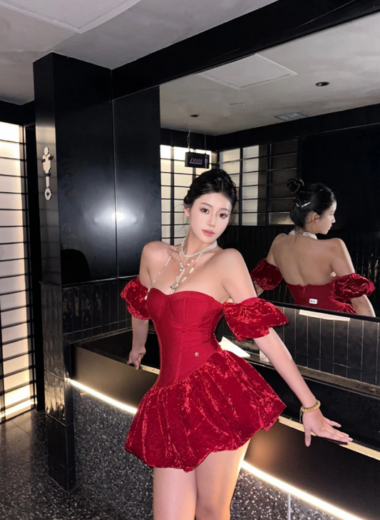 Gorgeous Off-the-shoulder Velvet Short Ball Gown Red New Year's Eve Dress Homecoming Dresses ED04407