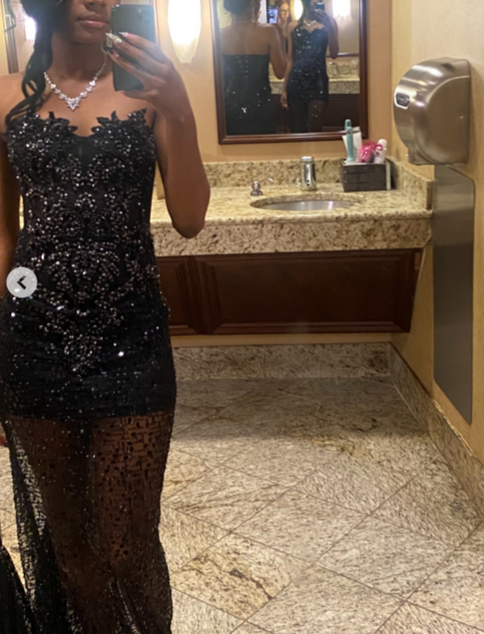 Sexy Strapless Sheath Long Prom Dresses with Appliques Tulle Black Formal Dresses ED04411
