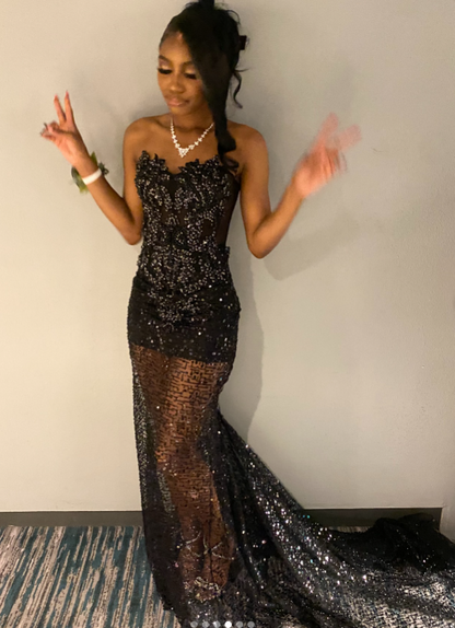 Sexy Strapless Sheath Long Prom Dresses with Appliques Tulle Black Formal Dresses ED04411