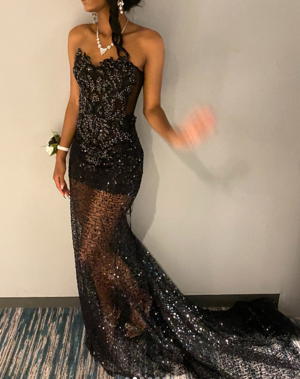 Sexy Strapless Sheath Long Prom Dresses with Appliques Tulle Black Formal Dresses ED04411