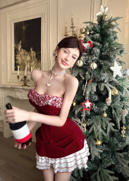 Sexy Red Hoco Dress Strapless Birthday Dresses Velvet Christmas Dresses ED04412