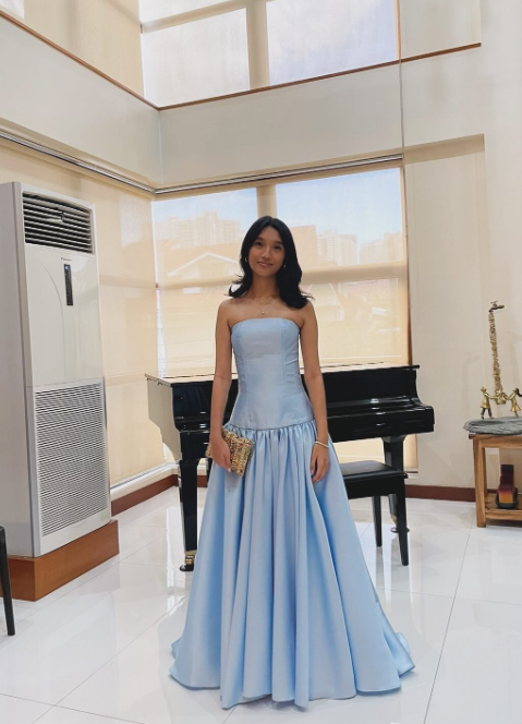 Elegant Blue Formal Dresses Strapless Satin Long Prom Dresses Sheath Evening Dresses ED04413