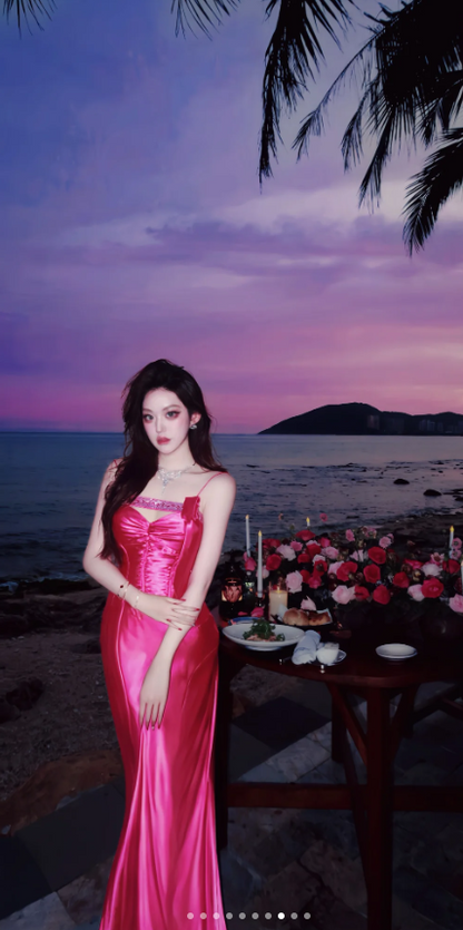 Glam Hot Pink Long Formal Dresses, Spaghetti Strap Mermaid Prom Dresses, Open Back Evening Dresses ED04415
