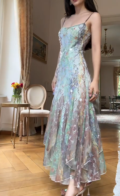 Elegant Spaghetti Strap Sheath Long Prom Dresses Chiffon Formal Dresses ED04418