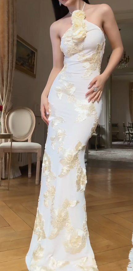 Glam Halter Sheath Long Prom Dresses White Formal Dresses ED04419