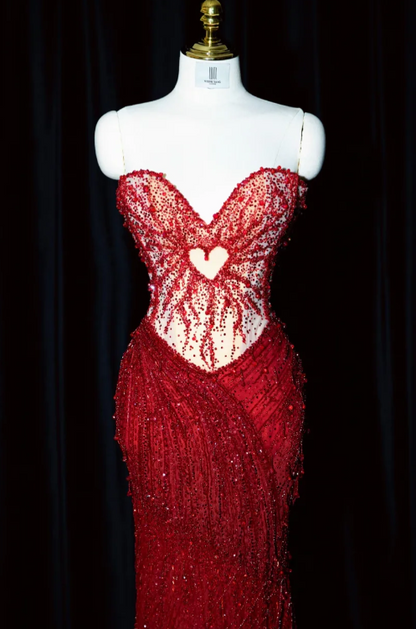 Fairy Sweetheart Mermaid Long Prom Dresses Beaded Tulle Evening Dresses Burgundy Formal Dresses ED04420