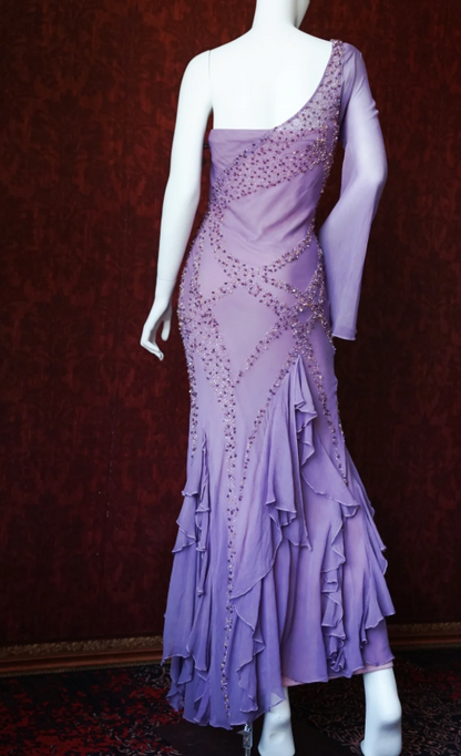 Vintage One Shoulder Sheath Long Prom Dresses,Beaded Chiffon Purple Formal Dresses ED04424