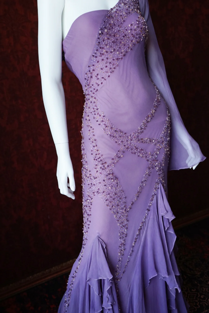 Vintage One Shoulder Sheath Long Prom Dresses,Beaded Chiffon Purple Formal Dresses ED04424