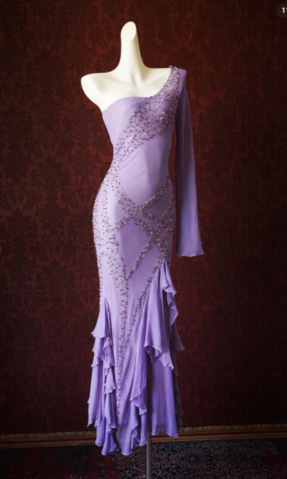 Vintage One Shoulder Sheath Long Prom Dresses,Beaded Chiffon Purple Formal Dresses ED04424