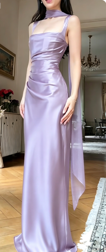 Simple Square Neck Sheath Long Prom Dresses, Satin Navy Blue Formal Dresses with Scarf ED04425