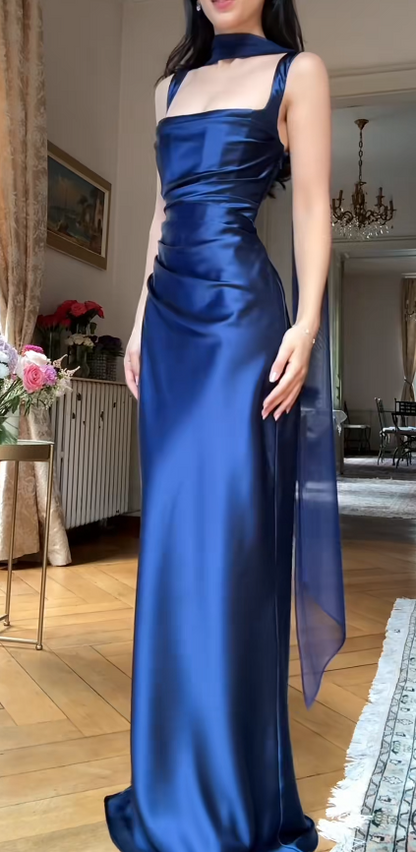 Simple Square Neck Sheath Long Prom Dresses, Satin Navy Blue Formal Dresses with Scarf ED04425