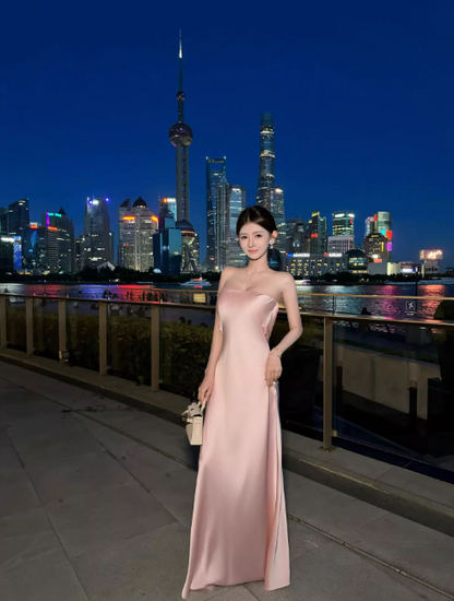 Chic Strapless Sheath Long Prom Dresses, Satin Pink Formal Dresses ED04426