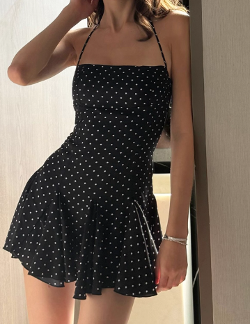 Black Homecoming Dress French Spaghetti Strap Polka Dot Birthday Dresses ED04434