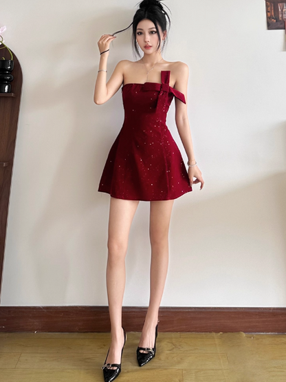 Sexy Birthday Dresses Strapless Hoco Dresses Short Burgundy Christmas New Year Evening Dresses ED04445