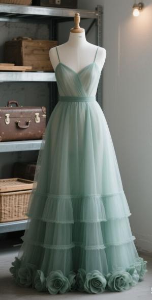 Fairy Spaghetti Straps Tulle A-Line Long Prom Dresses Light Green Quinceanera Dresses ED04449