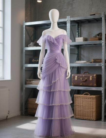 Gorgeous Off-the-shoulder Tulle Sheath Prom Dresses Purple Long Formal Dresses ED04451