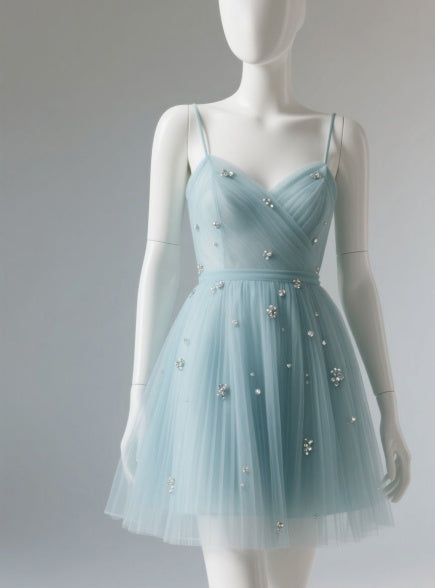 Sparkly Spaghetti Strap A-line Short Prom Dresses Tulle Green Hoco Dresses ED04455