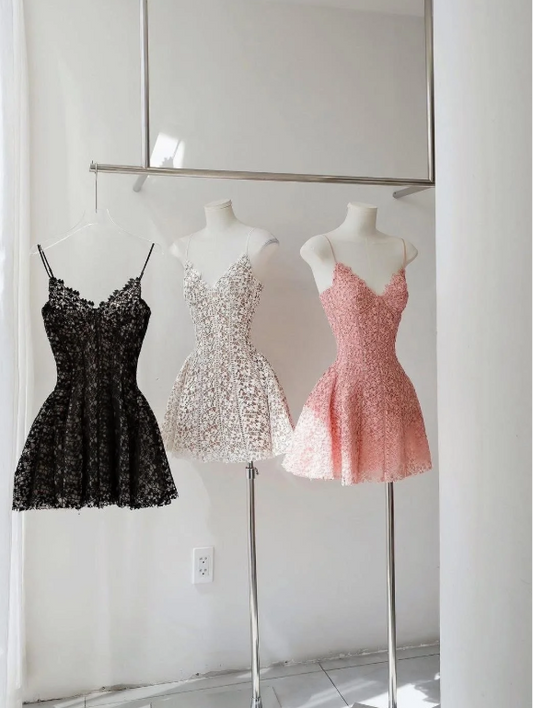 Fairy A-Line Hoco Dresses Lace Spaghetti Straps Short Prom Dresses ED04459