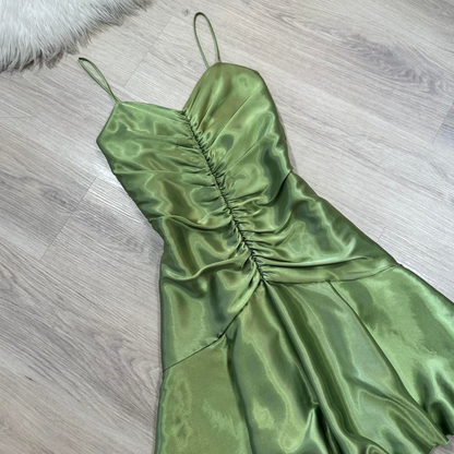 Vintage  Sheath Green Hoco Dresses Satin Spaghetti Strap Short Prom Dresses ED04460