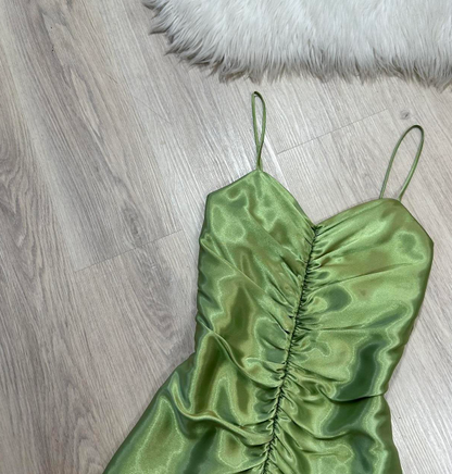 Vintage  Sheath Green Hoco Dresses Satin Spaghetti Strap Short Prom Dresses ED04460
