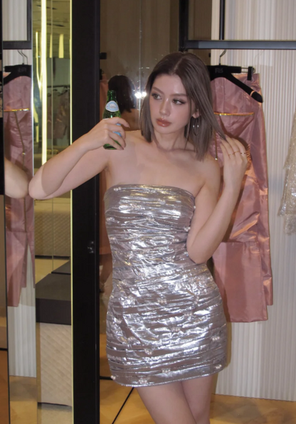 Sexy Sheath Short Prom Dresses Silver Homecoming Dresses Strapless Shiny Birthday Dresses ED04465