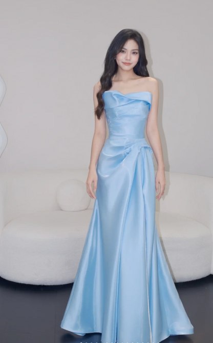 Elegant Strapless Mermaid Prom Dresses,  Satin Blue Long Formal Dresses ED04466