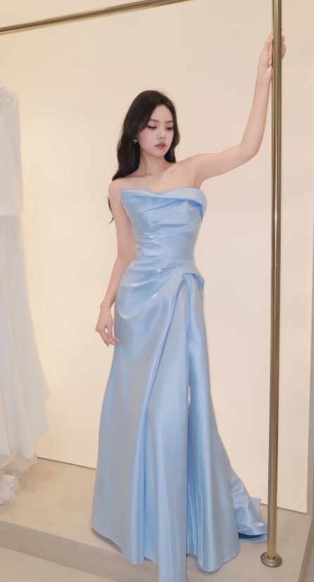 Elegant Strapless Mermaid Prom Dresses,  Satin Blue Long Formal Dresses ED04466