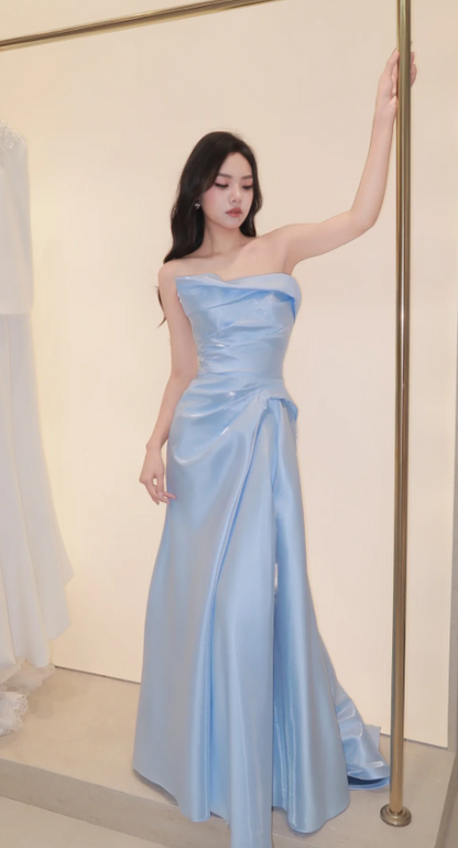 Elegant Strapless Mermaid Prom Dresses,  Satin Blue Long Formal Dresses ED04466