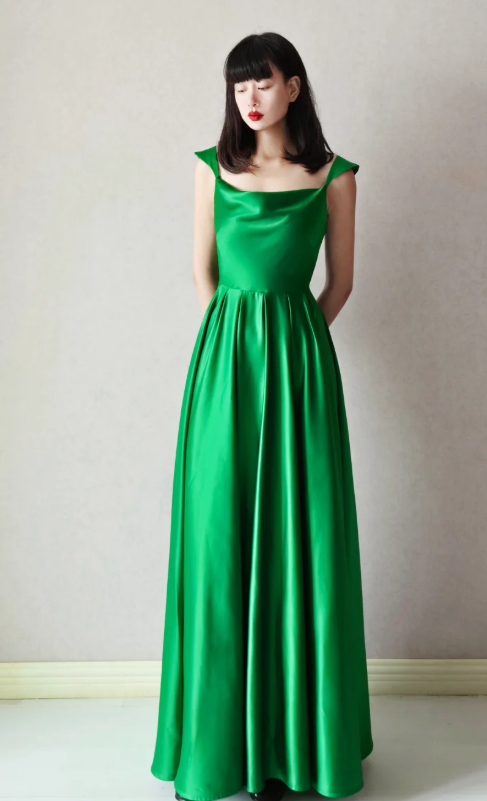 Elegant Square Neck Sheath Long Prom Dresses, Satin Green Evening Dresses ED04467