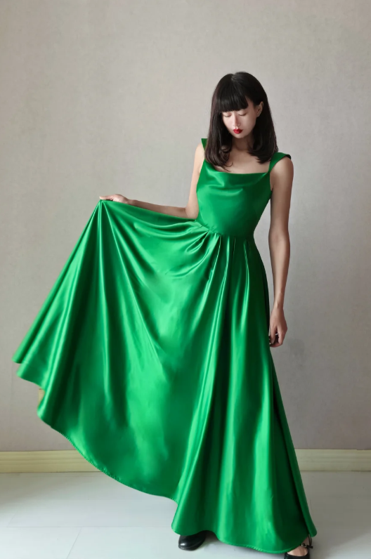 Elegant Square Neck Sheath Long Prom Dresses, Satin Green Evening Dresses ED04467