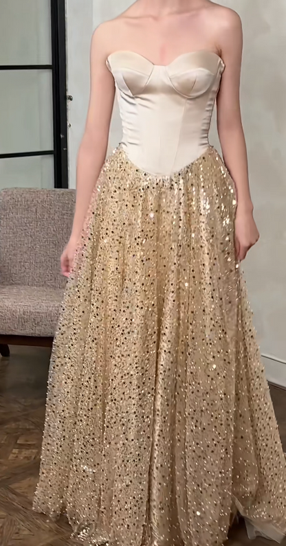 Chic Strapless Sheath Long Prom Dresses, Sparkly Sequined Tulle Gold Evening Dresses ED04470