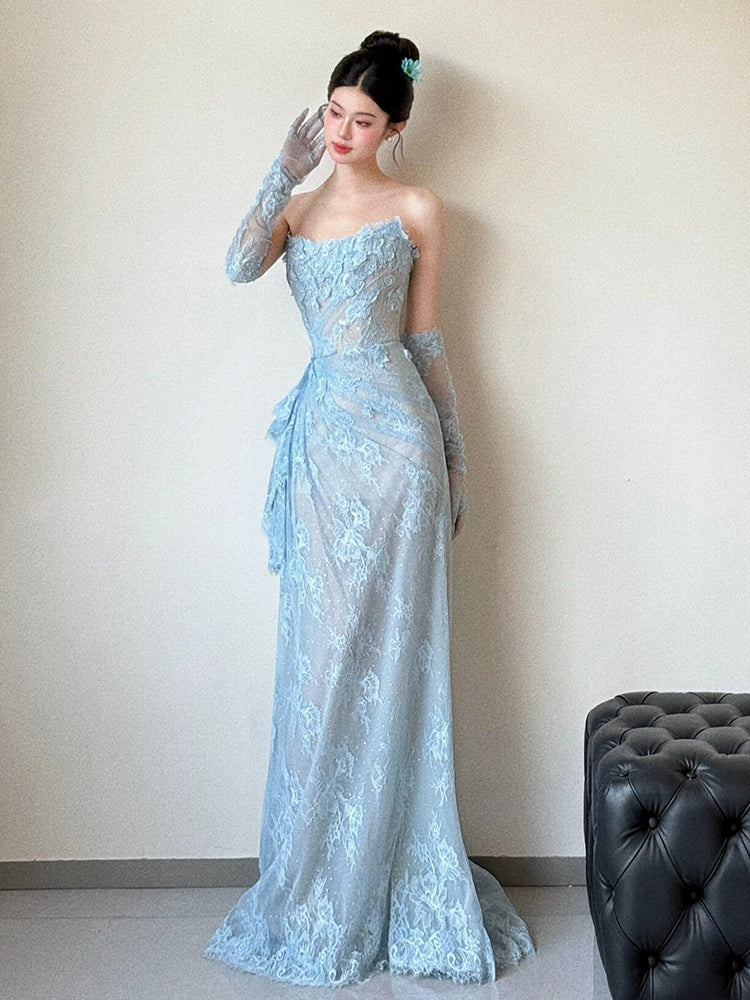 Glam Strapless Sheath Long Prom Dresses with Appliques, Lace Blue Formal Dresses ED04472