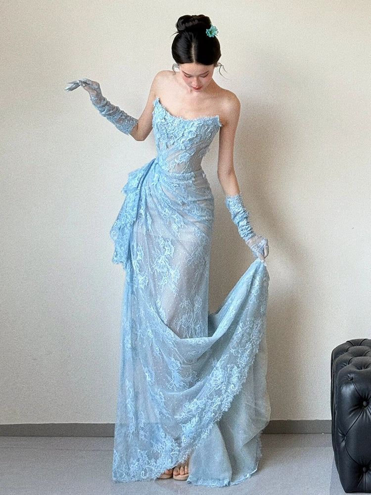 Glam Strapless Sheath Long Prom Dresses with Appliques, Lace Blue Formal Dresses ED04472