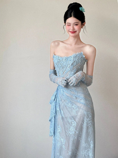 Glam Strapless Sheath Long Prom Dresses with Appliques, Lace Blue Formal Dresses ED04472